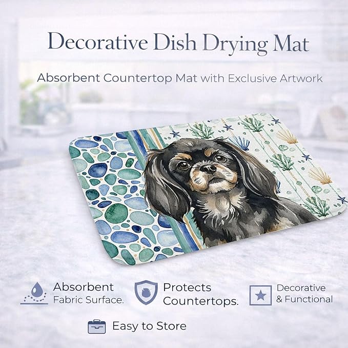 Caroline's Treasures Black and Tan Tibetan Spaniel Coastal Sea Glass Dish Drying Mat Absorbent Dish Drying Mat Pad for Kitchen Counter Dish Drainer Mat for Countertop 14 x 21 Multicolor
