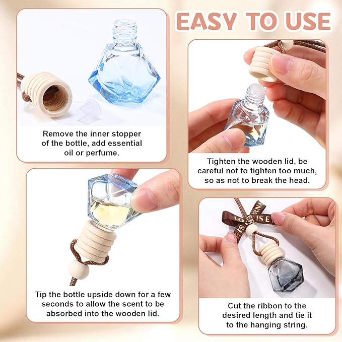 Mudder 50 Pcs Gradient Hanging Car Air Freshener Empty Clear Glass Diffuser Bottles for Essential Oils Perfume Pendant for Women Guests Wedding Favors Employee Appreciation Gifts(RhombusColorful)