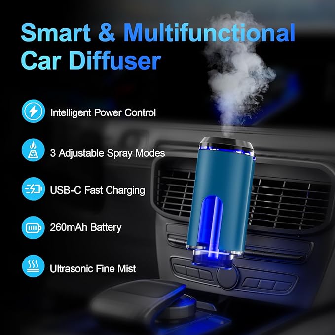 Smart Car Air Freshener Diffuser – Auto On/Off Aromatherapy Diffuser with 3 Scent Modes USB Rechargeable Vent Clip 6 Essential Oil Refills Included – Long-Lasting Fragrance Car Decor &amp Gift