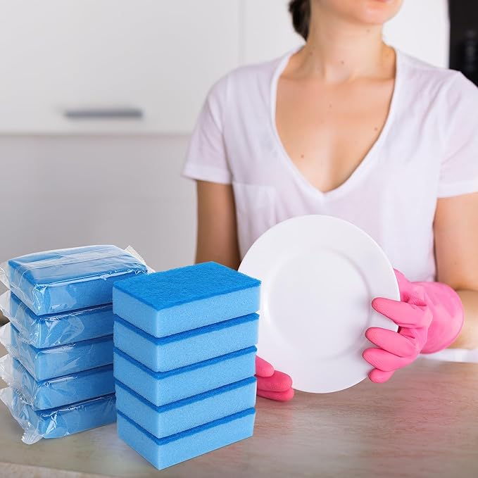 50 Pcs Individually Wrapped Sponges Uncompressed Non Scratch Scrouing Sponges for Household Cleaning Dishes Kitchen Airbnb Apartment Car Bike Blue
