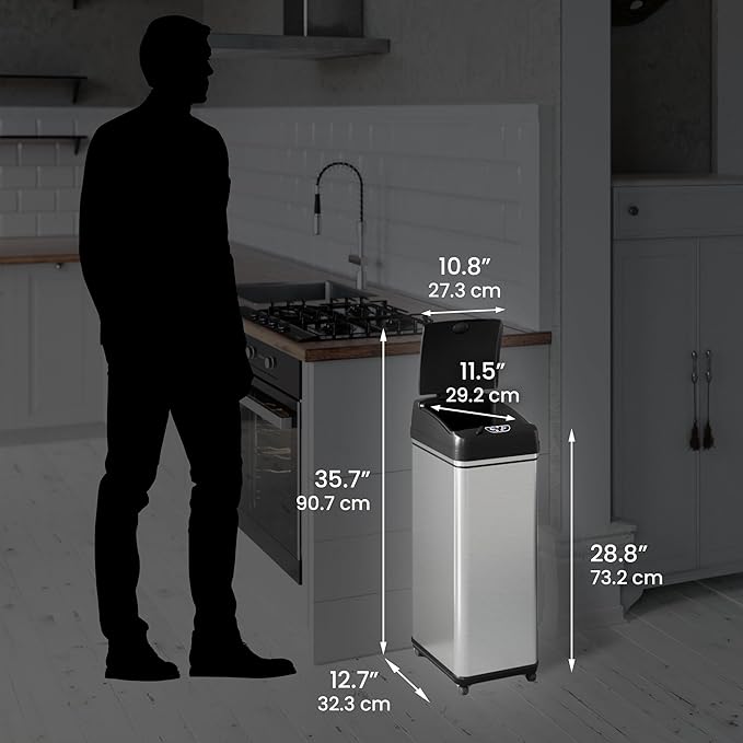 iTouchless Glide 13 Gallon Sensor Garbage Can with Wheels and Odor Control System Stainless Steel Automatic Kitchen Bin and Office Trash Bin (Powered by Battery or Optional AC Adapter)