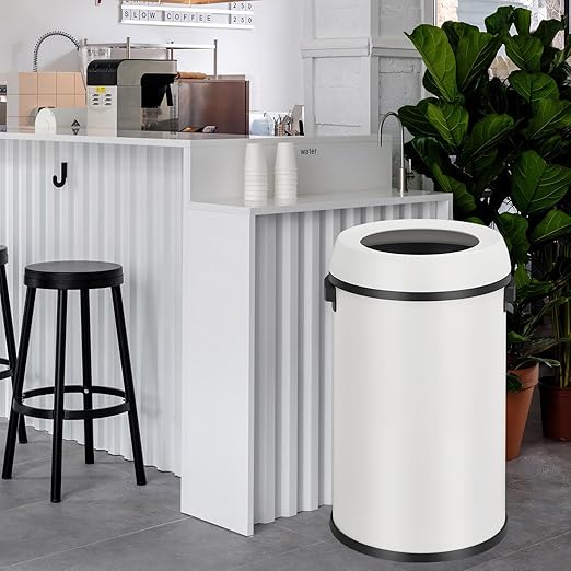 GarveeHome 17 gal/65 L Open Top Trash Can Stainless Steel Rubbish Bin Commercial Grade Waste Container Round Garbage Can for Outdoor Home Office Restaurant White