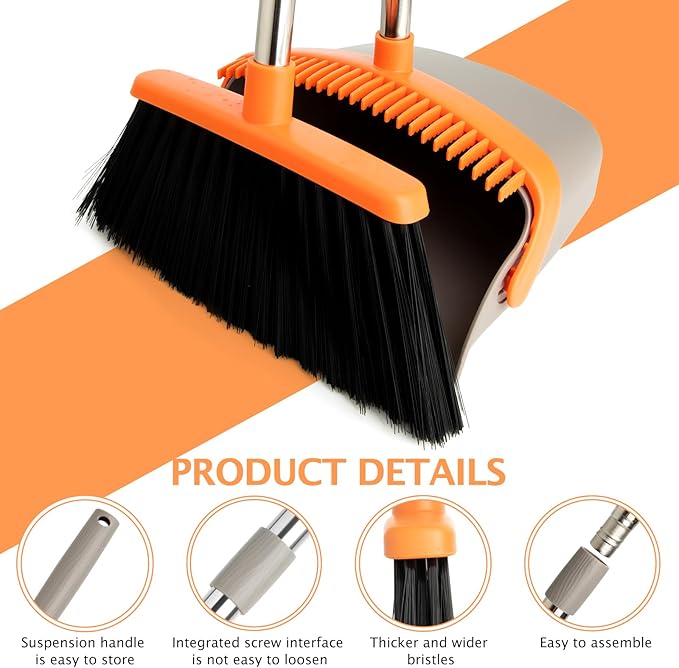 2-Pack Broom and Dustpan Set with Long Handle Heavy Dust Broom and Dustpan Combo for HomeKitchen Office Pet Hair(Gray Orange)