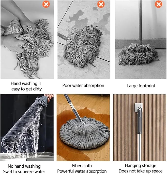 Compatible for Rotating Self Twisting Water Mop Washing Household Floor Windows Clean Tools