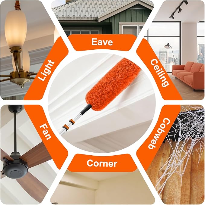 20FT Reach High Ceiling Duster Kit Window Cleaning kit with 3-12FT Extension Pole Fan Duster for Ceiling Fan Blades Microfiber Feather Duster Window Squeegee Bucket and Cobweb Duster