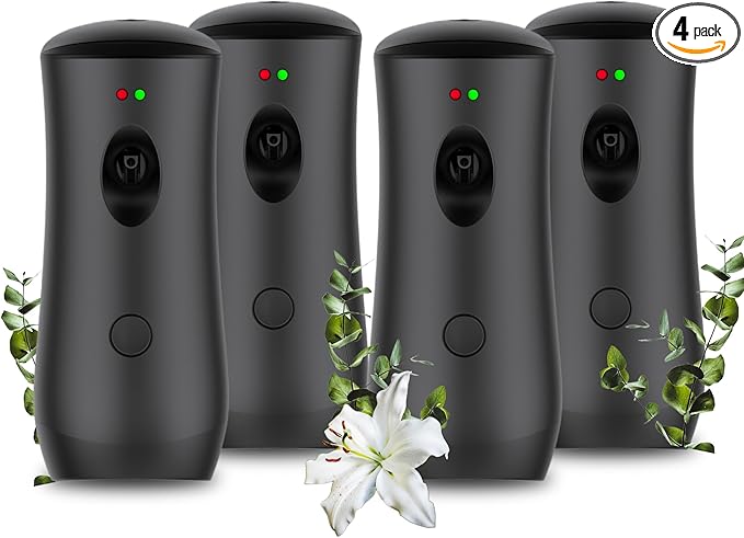 (4-Pack) Auto Air Freshener Spray Dispenser Free Stand or Wall Mounted Automatic Aerosol Aroma Machines are Widely Used in Hotels Bedrooms Airports Bathrooms Offices Commercial Places (Black 001)