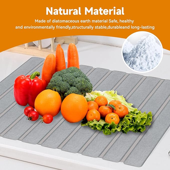Stone Dish Drying Mat for Kitchen Counter 24x16 Collapsible Large Stone Dish Drying Mat Eco-Friendly Absorbent Diatomaceous Earth Mats for Cups Dishes Bottles(Medium grey)