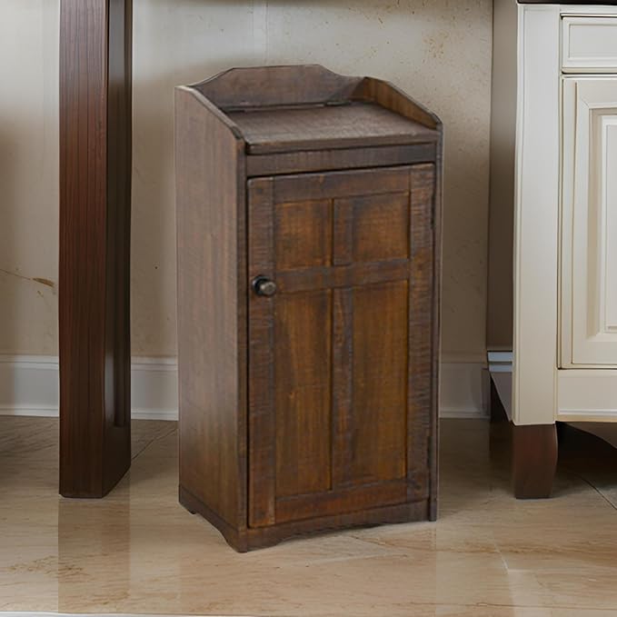 Benjara Homestead Trash Box 34 Inch Tall Rough Sawn Mahogany Dark Brown