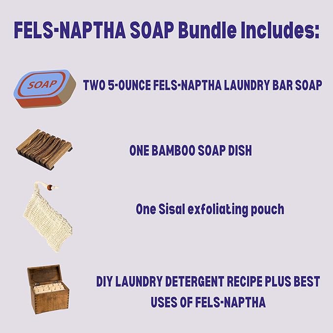 Fels-Naptha Laundry Detergent Bar Soap and Stain Remover Bundle - Includes TWO Fels-Naptha Laundry Bar 1 Bamboo Soap Holder 1 Sisal Soap Bag DIY Laundry Detergent Recipe and Best uses of Fels Soap