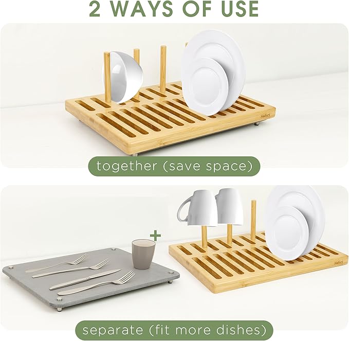 Sofort Stone Drying Mat for Kitchen Counter Quick Dry Ultra Absorbent Dish Drying Mat with Bamboo Rack Diatomaceous Earth Drying Pad for Dishes Plates Mugs 16″x12″