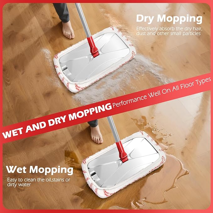 Masthome Extra Large Microfiber Mop for Floor Cleaning 16“ Flat Mop with 5 Pad for Wet &amp Dry Use Dust Mop for Hardwood Laminate Tile Ceramic 1 Cleaning Scraper Included-Red