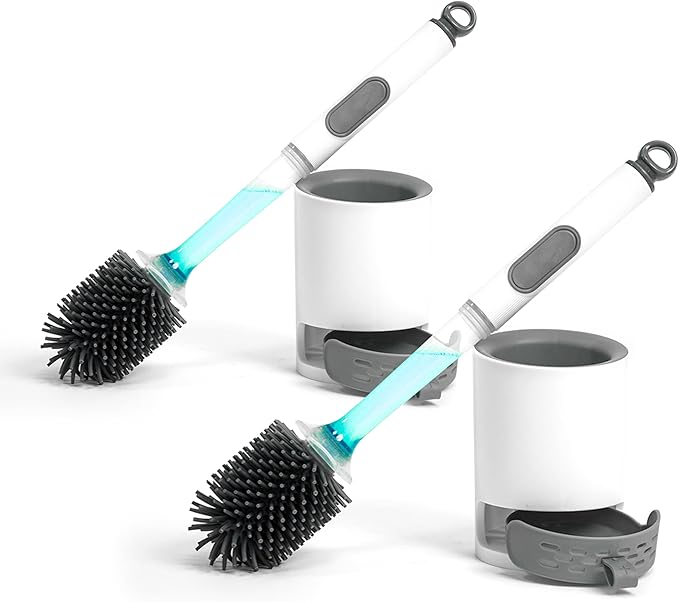 Silicone Toilet Brush and Holder Set 2 Packs Bendable Toilet Scrubber for Curved Rim Non-Scratch Drip-Resistant Brush with Sprayer Space Saving Bathroom Essentials (2)