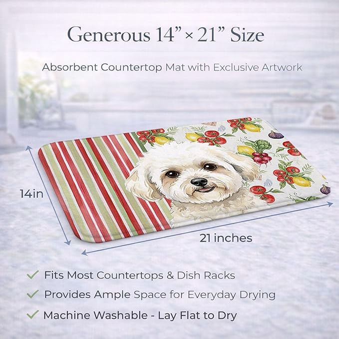 Caroline's Treasures White and Cream Bichon Frise Vegetables Dish Drying Mat Absorbent Dish Drying Mat Pad for Kitchen Counter Dish Drainer Mat for Countertop 14 x 21 Multicolor