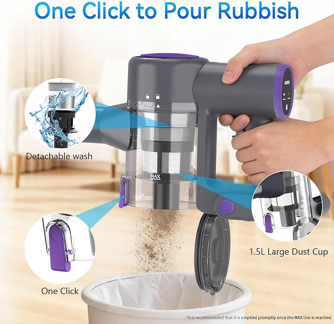 BlueEpic Cordless Vacuum Cleaner 45KPA 45Mins Rechargeable Vacuum Cordless Stick Vacuum with 2 Adjustable Modes Handheld Vacuum for Home/Pet Hair/Carpet/Floor (Purple)