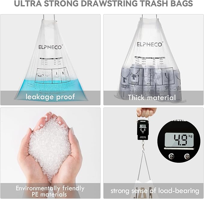 ELPHECO 2.5 Gallon Trash Bags │ 15 Liters Drawstring Garbage Bags │ Small Trash Bags For Bathroom Office Living Room Use │ Suitable For 1.5-4 Gallon Trash Can │ 18×20 │ 180 Count / 18 Rolls │ A