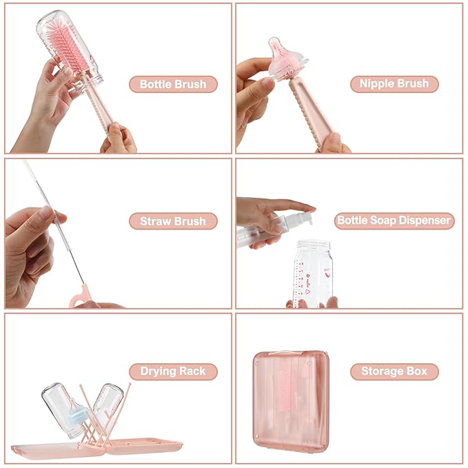 6 in 1 Bottle Cleaning Brush Set with Silicone Bottle Brush Nipple Brush Straw Brush Soap Dispenser Drying Rack for Baby Bottle and Water Bottle Space Saving Baby Essentials for Home and Travel