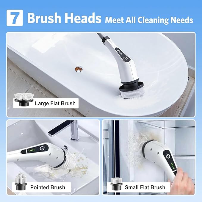 Electric Spin Scrubber Cordless Bath Tub Power Scrubber with Long Handle &amp 7 Replaceable Heads Detachable as Short Handle Shower Cleaning Brush Household Tools for Bathroom &amp Tile Floor