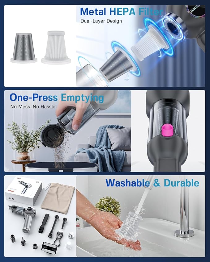 Handheld Car Vacuum Portable Cordless 25000Pa High Power Small Mini Hand Vacuum Rechargeable 4-in-1 Wireless Handheld Vac for Car Office Desktop Home Cleaning Ideal Gifts for Men &amp Women