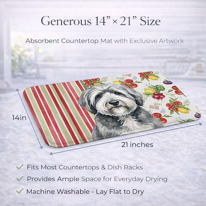 Caroline's Treasures Gray and White Old English Sheepdog Vegetables Dish Drying Mat Absorbent Dish Drying Mat Pad for Kitchen Counter Dish Drainer Mat for Countertop 14 x 21 Multicolor