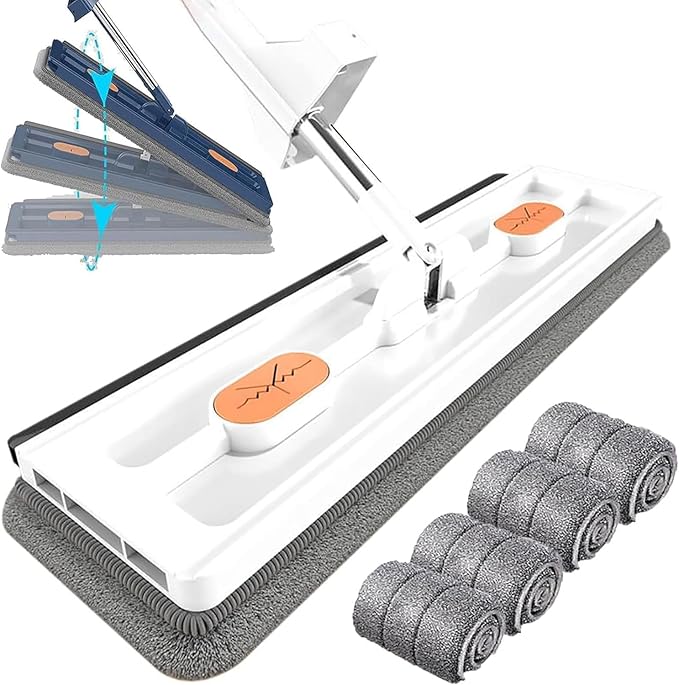 Large Flat Mop2023 Premium Flat Mop Self Wringing with Wringer 360 Rotating with Dewatering Scraper 12027(White+4 Mop Pads)