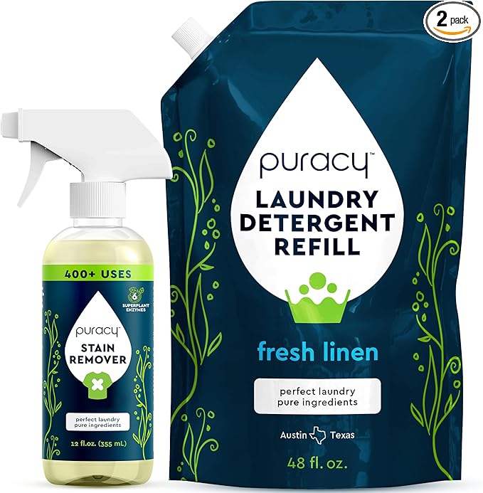 Puracy 12oz Stain Remover Laundry Stain Remover Spray for Clothes Enzyme-powered Natural Liquid Laundry Detergent 48oz Refill Free &amp Clear 12oz &amp Fresh Linen 48oz Bundle