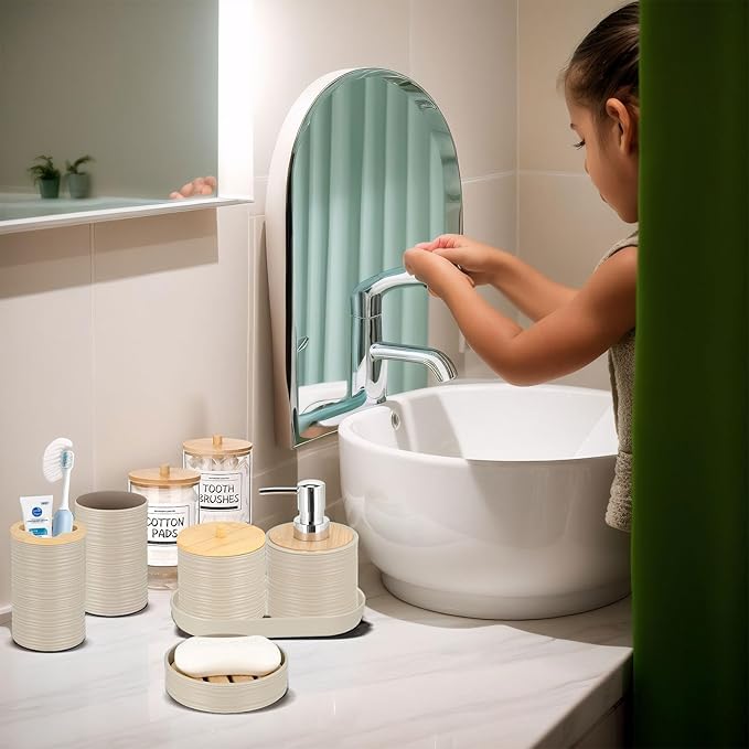 IMAVO Bathroom Accessory Set-11Pcs Beige Bathroom Accessories Set with Trash CanSoap DispenserSoap DishToothbrush HolderToothbrush CupToilet Brush HolderQtip Holder Dispenser with Labels
