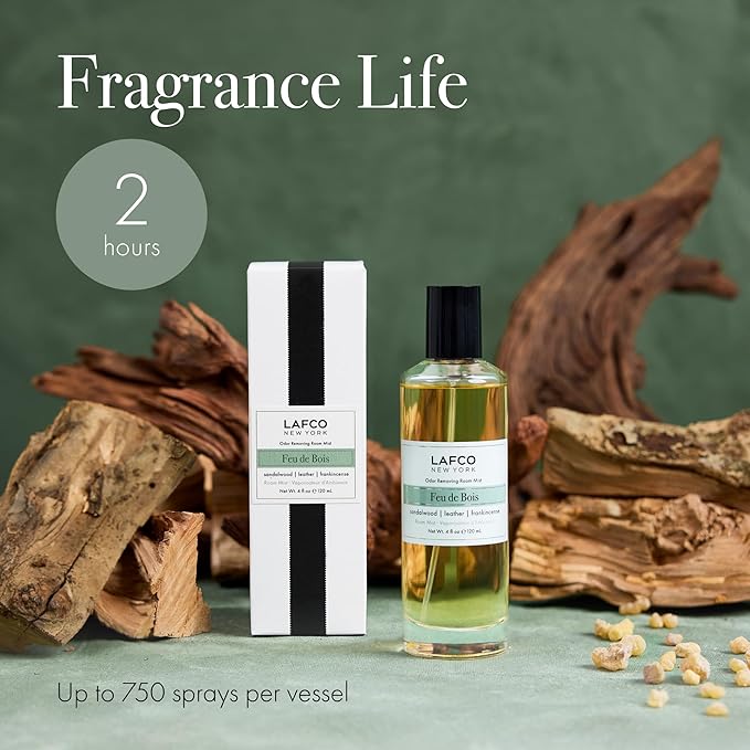 LAFCO New York Odor Removing Room Mist Feu de Bois - 4 oz - Eliminates Unpleasant Scents &amp Provides Luxurious Fragrance - Up to 750 Pump Sprays Per Bottle - Made in the USA