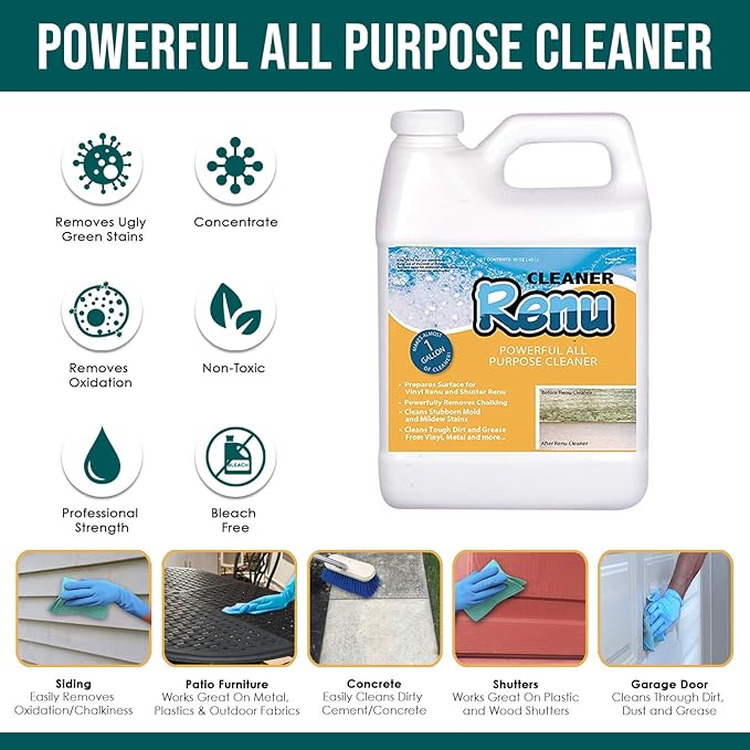 Renu Universal House Wash-Incredible Coverage Of 2000+ SF | Removes Stains Oxidation &amp More | Ideal For Vinyl Siding Decks Fences Pavers &amp Outdoor Fabrics | Surfaces Stay Clean for up to 3
