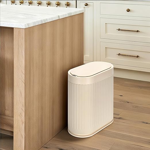 Bathroom Trash Can with Lid Automatic 2 Gallon Sensor Trash Bin 7.5 Liter Smart Rubbish Bin Motion Sensor Waterproof Bathroom Decor Plastic Narrow Garbage Can for Bedroom Office Beige