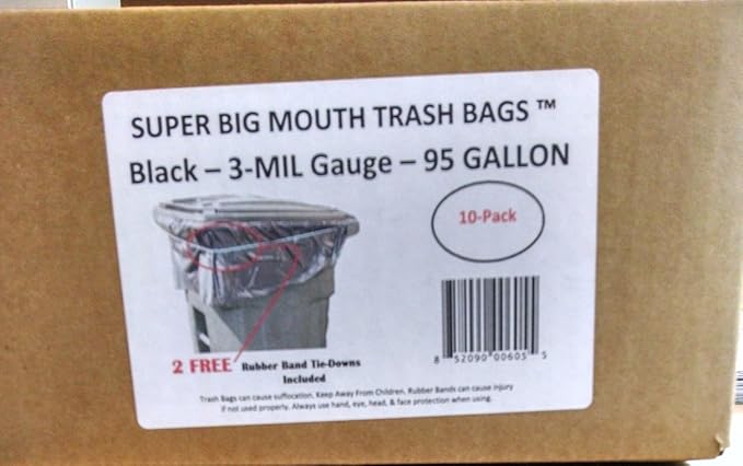 95 Gallon Super Big Mouth Trash Bags 10-Pack Plus 2 Free Rubber Tie Down Band