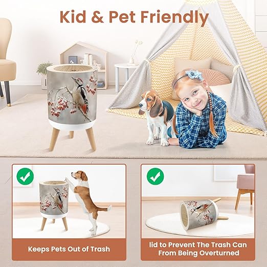 Bathroom Trash Can with Lid Abstract Woodpecker Snowy Red Berries Snow Tree Branch Winter Setting Garbage Bin Waste Basket for Kitchen Office Bedroom Decoration Diaper Pail 1.8 Gallon