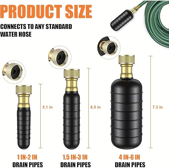 3-Piece Drain Bladder Kit Drain Cleaning Fits 1“ to 6” Pipes Unclogger for Bathroom Sinks Showers