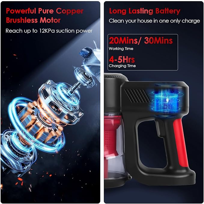 KOCASO Cordless Vacuum Cleaner - Powerful 12000PA Suction Lightweight Rechargeable Stick Vacuum 2 Adjustable Speeds 4 Versatile Cleaning Tools LED Light 180° Foldable Design for Home &amp Car Us