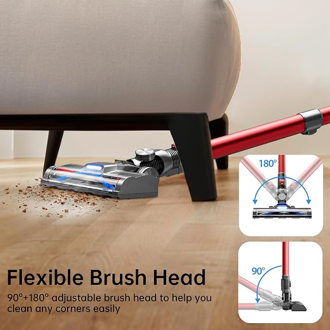 Cordless Stick Vacuum Red 45 Min Runtime LED Headlights 2-Speed Telescopic Tube with Main Vacuum Brush Crevice Tool dust Brush Removable-Rechargeable Battery Pack with Charging Cord