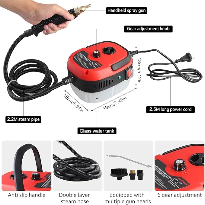 2500W Handheld Steam Cleaner 3 BAR High Pressure Steam Cleaner with Brush Heads &amp 1.2L Water Tank Bottom Drainage Hole 6-Speed Adjustment for Cleaning Grout Tile Car Living Room Kitchen Bathr