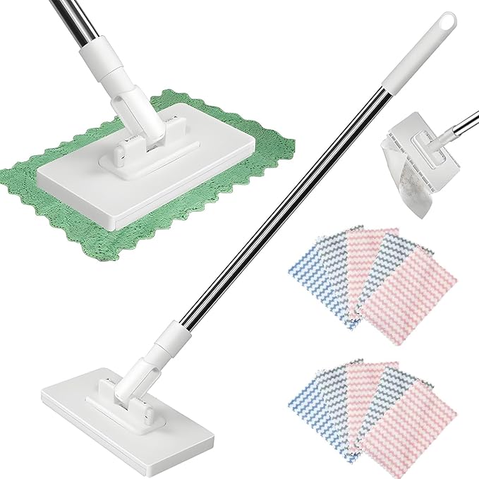 Mini Mop with One-Click Cloth Change Locking Head for Wet &amp Dry Cleaning Long Handle for Multi-Surface Use
