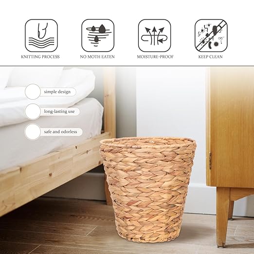 Wicker Trash can 10.6 Inch Natural Material Round Wastebasket for Home Storage Basket Lightweight Boho Style Organizer for Laundry Toys Sundries