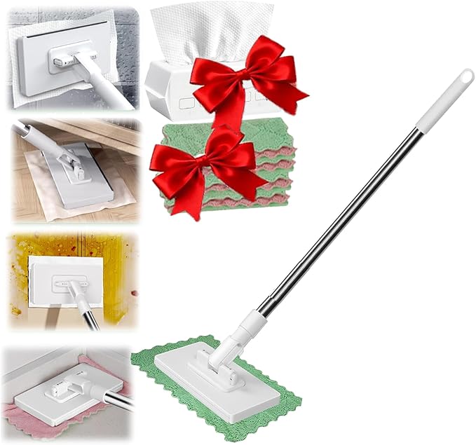 Mini Sweeper Mop No-Touch Dirty Cleaning Flat Dust Mop with Locking Head Convenient Cloth Changing Mini Disposable Dust with 4 Reusable Cloths for Multi Surface Clean Wet &amp Dry (White Set)