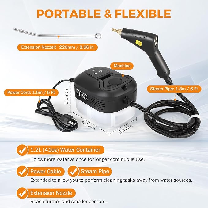 BEAMNOVA Steam Cleaner for Car Detailing 1.2L (41oz) Water Tank Portable Handheld Steamer for Cleaning Steam Gun High Pressure Multipurpose Steam Machine Black