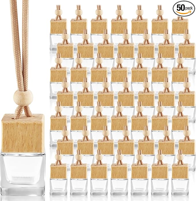 50 Pcs 8ml Hanging Car Air Freshener Diffuser BottlesEmpty Glass Perfume Ornament Bottle Essential Oil Freshener Diffuser Fragrance Pendant Glass Vials with Wooden Caps &amp Hanging String (Square)