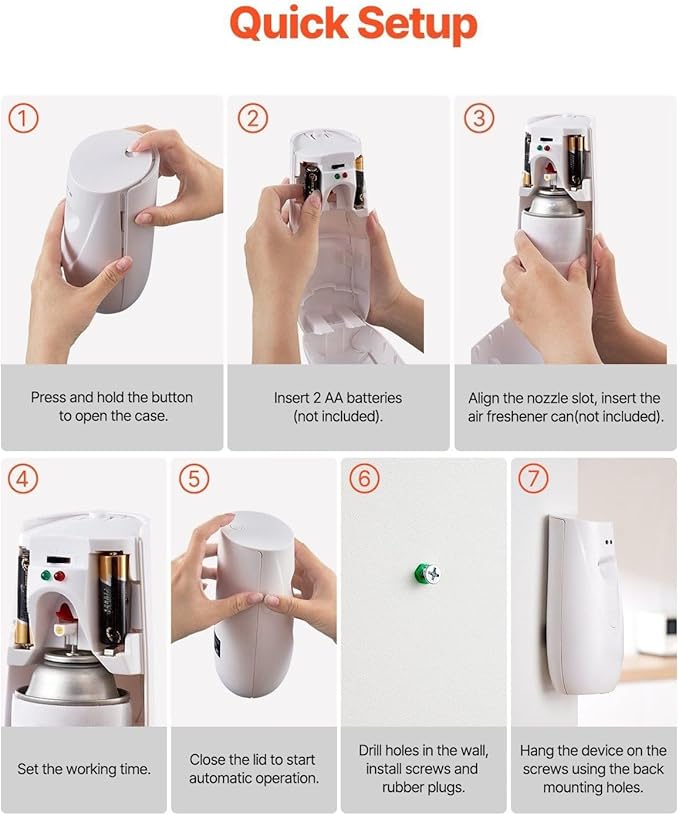 Automatic Air Freshener Spray Dispenser 2-Pack Wall Mount or Freestanding with Boost Button Battery Operated Adjustable Timer for Bathroom Home Office Hotel Commercial Spaces White
