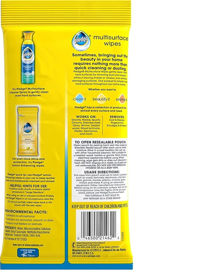Pledge Multi-Surface Furniture Polish Wipes Works on Wood Granite and Leather Cleans and Protects Fresh Citrus - Pack of 6 (150 Total Wipes)