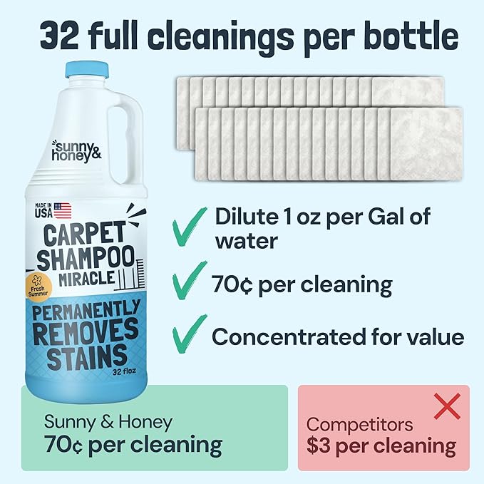 Sunny &amp Honey Carpet Cleaner Solution - Rug Shampoo &amp Upholstery Cleaning Solution - Pet Surface Odor Eliminator &amp Pet Stain Remover (32 fl oz Fresh Summer Scent)