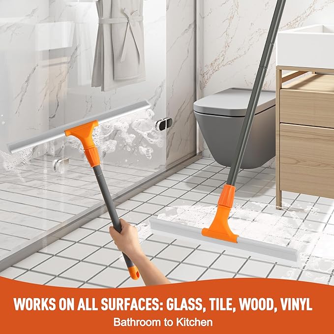 Silicone Floor Squeegee for Shower Glass Floor and Garage - Heavy-Duty Pet Hair Remover Bathroom Tile Cleaner Window Wiper - Flexible No Streaks Compact Storage