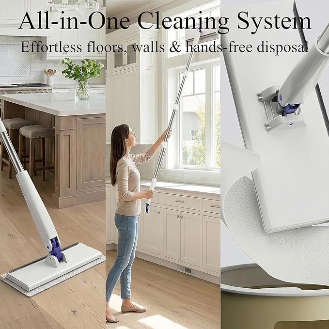 Snap Grip Mini Mop - 52.4 x 6.3 Stainless Steel Sweeper with Cleaning Scraper Hands-Free Cloth Changing Tool for Wall and Window 11-Pc Kit with 10 Disposable Wipes