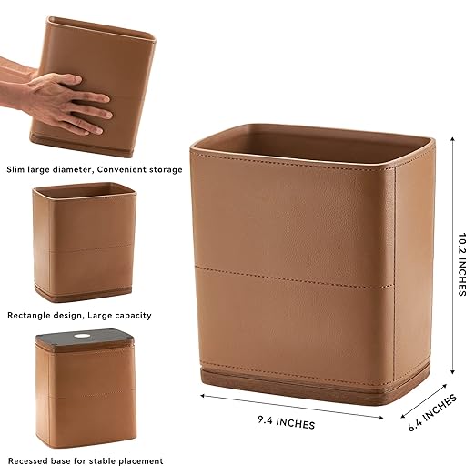 Polytree Bathroom Trash Can 1.8 Gallon(7 Liter) Small Kitchen Garbage CanDecor Wastebasket for Bedroom OfficeBrown （Resin-Imitated Leather Effect）