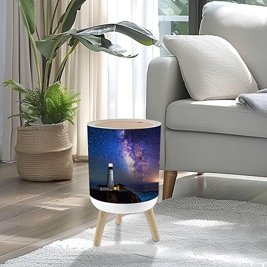 Small Trash Can with Lid Milky Way Lighthouse Pescadero California 1.8 Gallon/7L Garbage Can Waste Bin with Pop-Up Lid Wood Legs Wastebasket for Bathroom Kitchen Bedroom