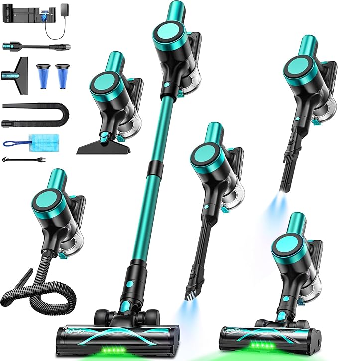 Cordless Vacuum Cleaner58kPa/10-in-1 Stick Vacuum with 29-inch Hose and LED Lighting Brush50Mins Runtime Vacuum Cleaner for HomeSelf-Standing Vacuum with Anti-Tangle Brush for Pet Hair/Carpet/Floor