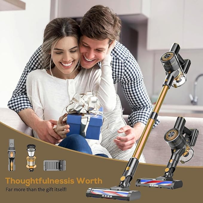 Cordless Vacuum CleanerVacuum Cleaner for Home with Brushless MotorLightweight Stick Vacuum with Self-Standing and Touch ScreenHardwood Floor Vacuum for Pet HairCarpetsTile(Gold)