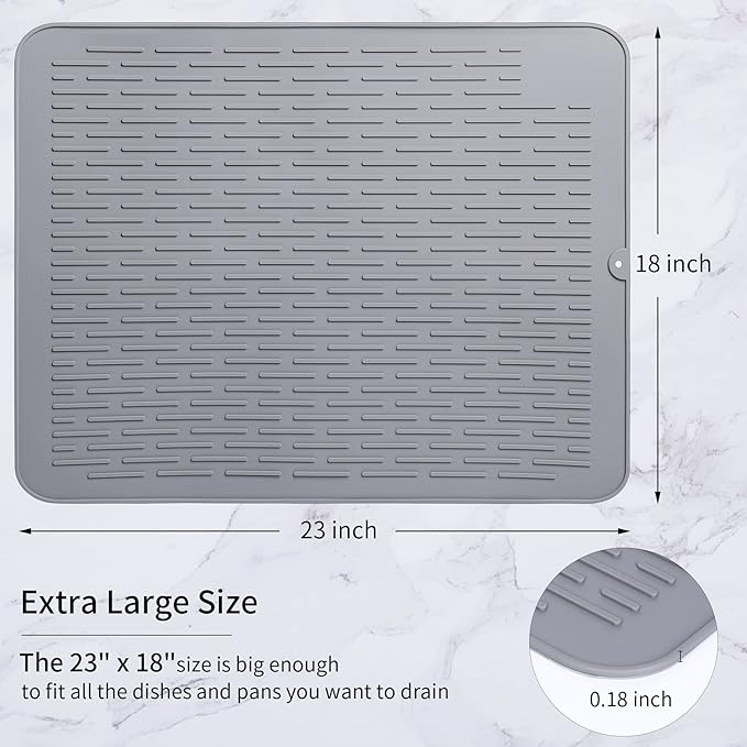 Extra Large Silicone Dish Drying Mat - XL Size 23' x 18' Dish Rack Mat for Kitchen Counter Heat-resistant Rubber Non-Slip Eco-friendly BPA Free Grey